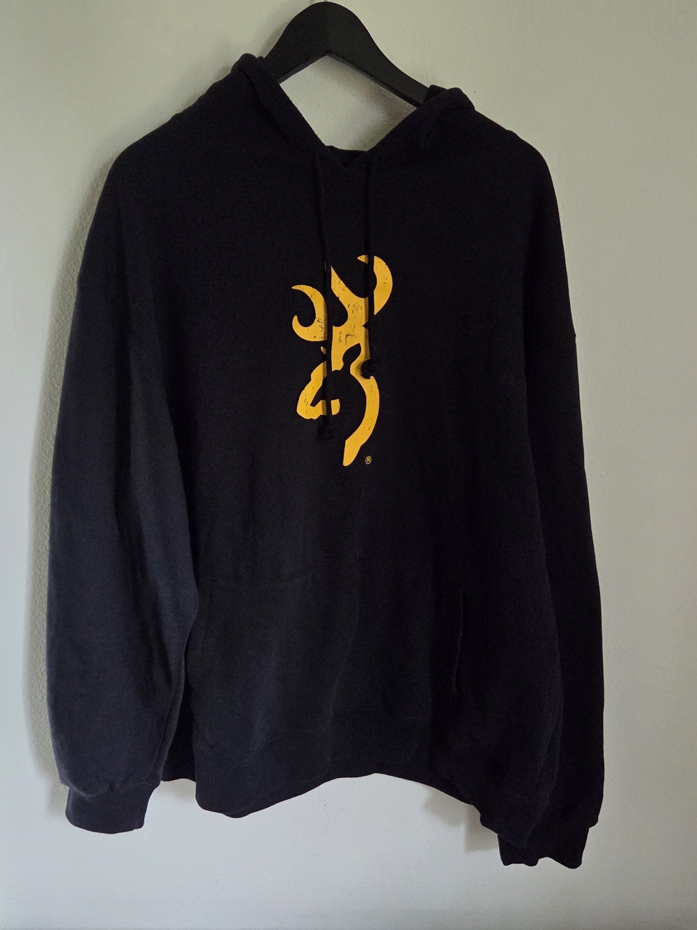 Browning Hoodie Mens 2XL Black Sweatshirt Yellow Buckmark Logo Pullover Hunting